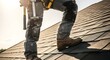 © muh - Roof construction worker climbing aluminum ladder with tool belt and harness, ready to repair or install new roof shingles under clear blue sky