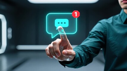 Man finger reaching to touch floating holographic chat bubble icon in dark setting, message alert, digital communication