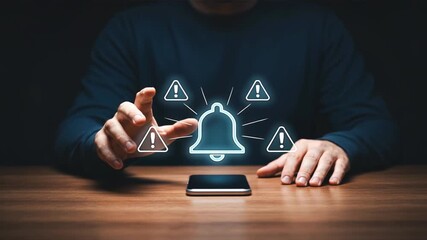 Man reaching toward smartphone with glowing bell and alert icons, message alert, digital communication