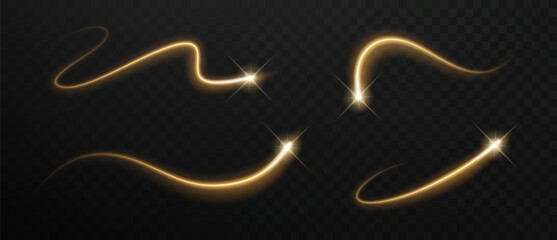 Wall Mural - Magic gold star trail collection. Glowing swirl light line with sparkle flare vector realistic design