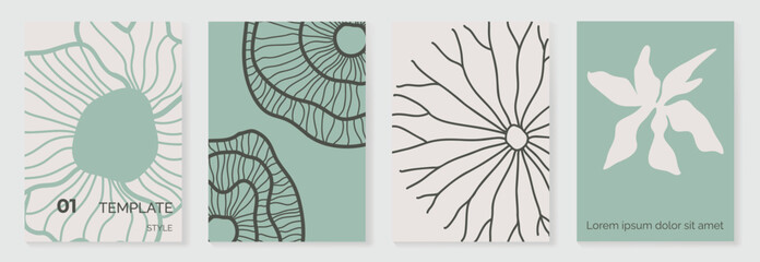 Wall Mural - Abstract wall art vector set. Natural and organic shape with green blue tone colors. Illustration design for Eco packaging, interior, cover, wall art, wallpaper.