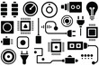 © Vector  smart - Technology icons, vector collection including electronic hardware elements like microchips, plugs, and battery symbols, electronic devices illustration, circuit vector graphics,