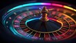 © rehan - Elegant casino roulette wheel illuminated with vibrant colorful lights, showcasing a gold-colored central hub, with numbers and segments displayed, evoking a sense of excitement and the thrill of...