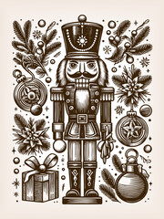 Wall Mural - nutcracker soldier surrounded by Christmas ornaments, pine branches, poinsettias, and a wrapped gift sketch engraving generative ai raster illustration. Scratch board imitation. Black and white image.