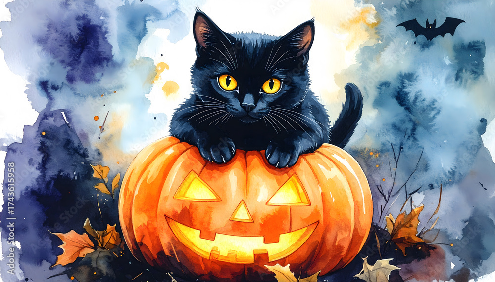 Watercolor painting of a black cat with glowing eyes sitting on a jack ...