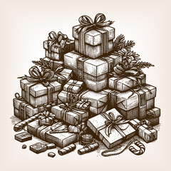 Wall Mural - pile of decorated gift boxes tied with ribbons and bows, symbolizing celebration, holidays, and giving sketch engraving generative ai raster illustration. Scratch board imitation. Black and white.