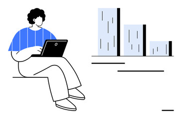 Wall Mural - Individual sits with a laptop, engaging in data analysis beside a bar graph. Ideal for analytics, growth strategy, education, remote work, report design, presentation, simple flat metaphor