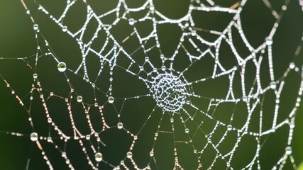 Closeup of a delicate spider web covered in glistening morning dew drops creating a beautiful natural pattern against a soft green background in a serene outdoor setting.