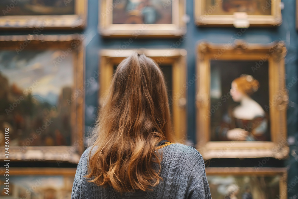 Generative AI Artwork of a Person Observing Paintings in an Art Gallery ...
