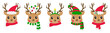 © stas111 - Christmas reindeer head collection with hats and scarves. Cute cartoon deer faces decorated with lights and stars. Holiday character in flat winter style