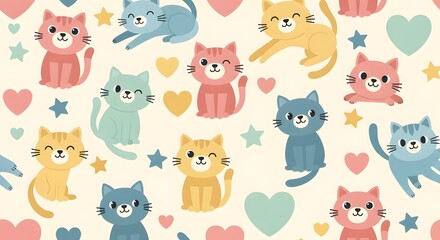  Seamless pattern of cute cartoon cats with hearts and stars