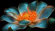 © Raul - Abstract flower blooms against a dark background with teal petals and orange stamen.