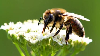 Closeup of a honey bee diligently collecting nectar and pollen from a delicate white flower showcasing the intricate details of its body and the vibrant natural environment during a sunny day.