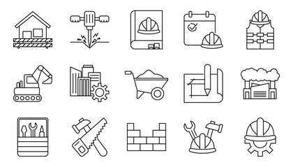 Comprehensive collection of linear construction and engineering icons representing industrial development, architectural design, and skilled trade services