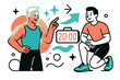 © Настя Шевчук - Glowing Trainer Guidance. Workout Partner. A glowing trainer pointing at gym timer, abstract floating spark and arrow shapes symbolizing guidance and pacing.
