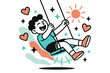 © Coosh448 - Swinging Happiness. Swinging laughter. A child leaning back on a glowing swing with abstract hearts, sun rays, and sparkles floating around to show carefree