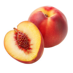Wall Mural - Fresh ripe peach fruit cut open showing the juicy flesh and seed isolated on white background
