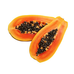 Wall Mural - Two halves of a ripe papaya, revealing its seeds isolated on white background