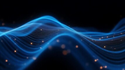 Abstract background of flowing blue light waves and glowing particles on a dark surface.