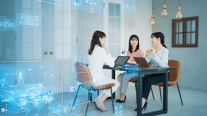 Wall Mural - オフィスで会議する女性グループとデジタルテクノロジーイメージ