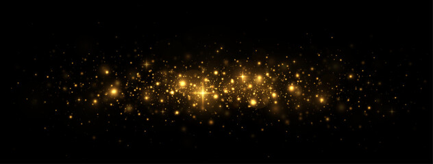 Wall Mural - Golden stardust, sparkling particles, and twinkle lights on a bright holiday background.