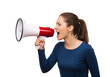 © Dani - Woman with ponytail shouts into a red and white megaphone, expressing strong emotion against a white background.