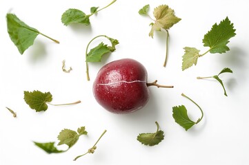 Wall Mural - Bunch of red grapes set against a plain white background with swirling leaves.