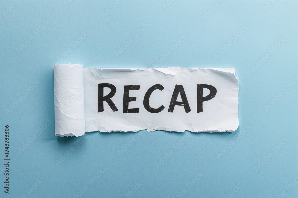 Summary note on a torn scrap of paper against a blue backdrop. Idea of ...