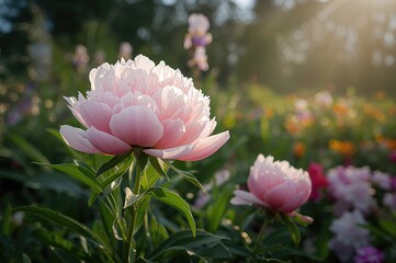 Wall Mural - Delicate pink peony blossoming fully in a garden during a spring afternoon