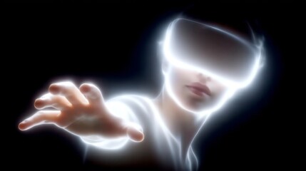 Wall Mural - A young person in a futuristic virtual reality headset reaches out with their hand. The image has a vibrant glow and modern style, perfect for tech-related themes and marketing. AI