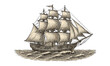 © 123levit - Vintage sailing ship with billowing sails on ocean waves in engraved style