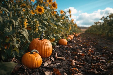 Wall Mural - Cultivating pumpkins and sunflowers for autumn harvest