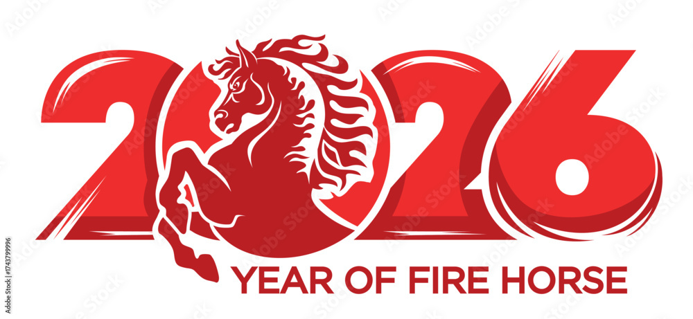 Happy new year 2026. Year of red fire horse, drawing silhouette horse ...