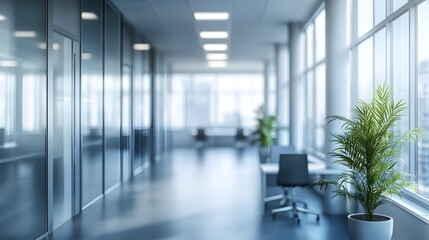 Wall Mural - Bright, modern office hallway with glass walls and plant.