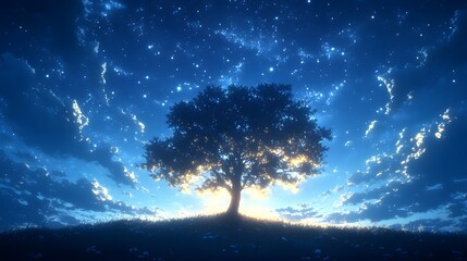 Wall Mural - A tranquil, twilight scene depicts a solitary tree silhouetted against a vibrant, star-studded sky filled with soft, ethereal blues and a subtle sunrise glow.