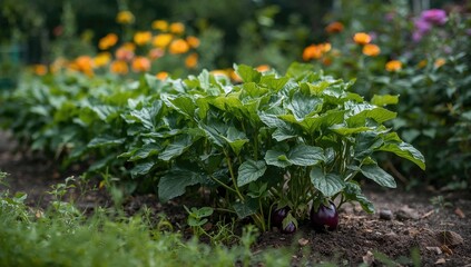 Wall Mural - Picture of eggplants growing in a backyard plot