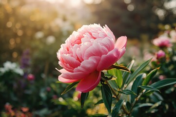 Wall Mural - Summer peony bloom surrounded by lush greenery, symbolizing nature and love