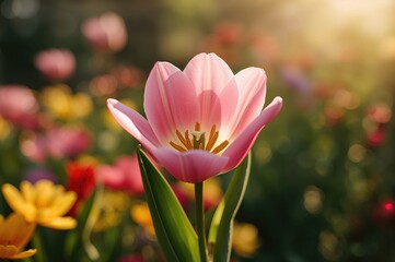 Wall Mural - Soft and Delicate Pink Hybrid Tulip Blossoms in a Garden Setting
