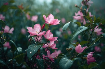 Wall Mural - Vibrant rosy blossoms set against lush greenery during the wet season
