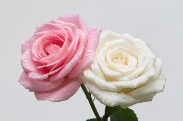 Wall Mural - Water droplets on a pink rose against a white background