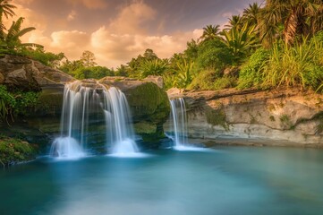 Wall Mural - Extended exposure capturing a waterfall streaming over stones surrounded by dense greenery in a tropical region