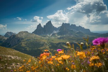 Wall Mural - Sunny Day Mountain Scenery with Blossoms in the Foreground