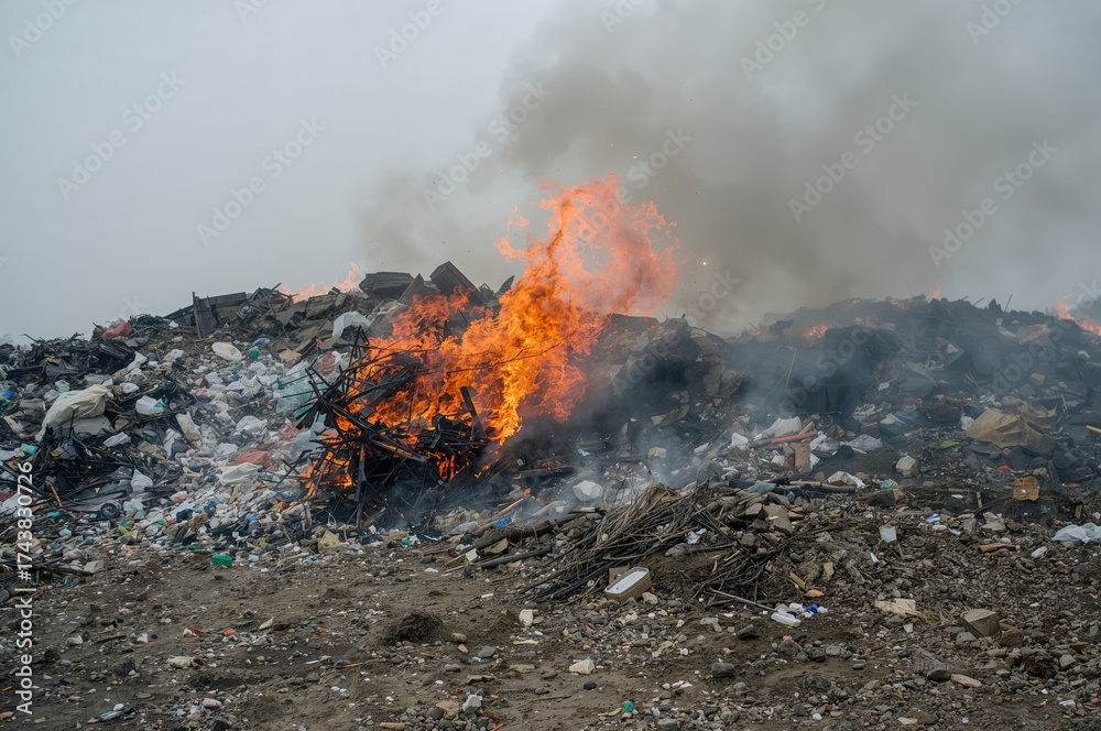 Garbage Smole Trash and waste ignite in a dump site, producing smoke and harmful ...