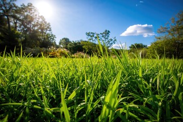 Wall Mural - Vibrant green lawn basking in bright sunlight outdoors