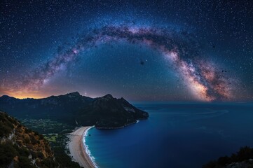 Wall Mural - A vibrant rural landscape illuminated by stars beneath a summer night sky, with a majestic mountain range arching over a tranquil blue sea.