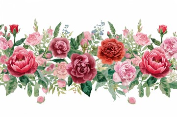 Wall Mural - Panoramic vase filled with roses and various spring blooms in shades of red, mauve, and pink, accompanied by green leaves on a white backdrop forming a horizontal frame.