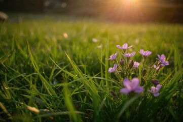 Wall Mural - Vibrant green meadow with soft purple blossoms bathed in sunlight. Focused close-up shot.