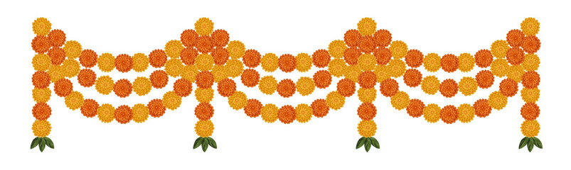 Wall Mural - Yellow orange marigold flowers. Indian traditional floral festive garland toran. Zendu flowers isolated on background Party decor. Diwali, Halloween Dia de los Muertos holiday vector illustration