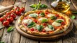 © Songkran - A freshly baked Margherita pizza garnished with a sprig of fresh basil and a drizzle of olive oil on a rustic wooden table, food photography, basil