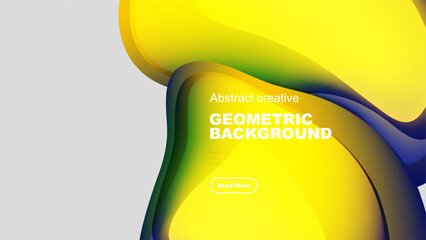 Wall Mural - Abstract yellow, purple fluid shapes dominate image. Geometric background text present with button. Modern design, vibrant colors.